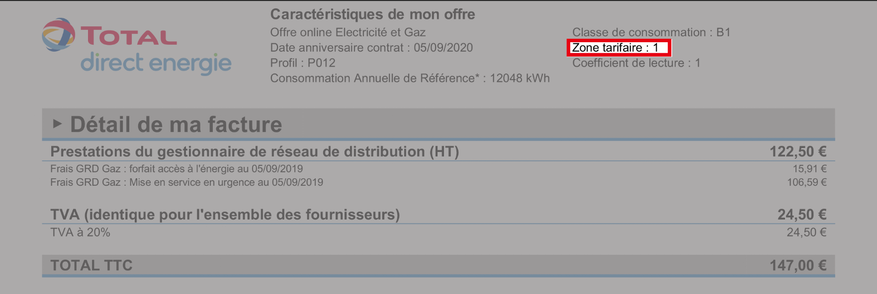 facture gaz total direct énergie zone tarifaire