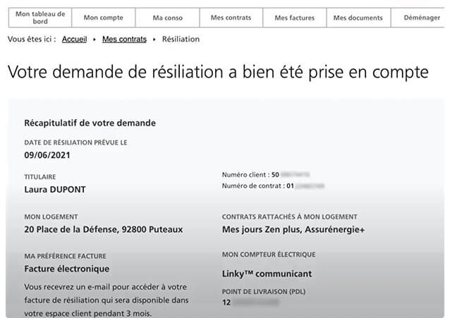 Résiliation contrat edf etape 6 prise en compte