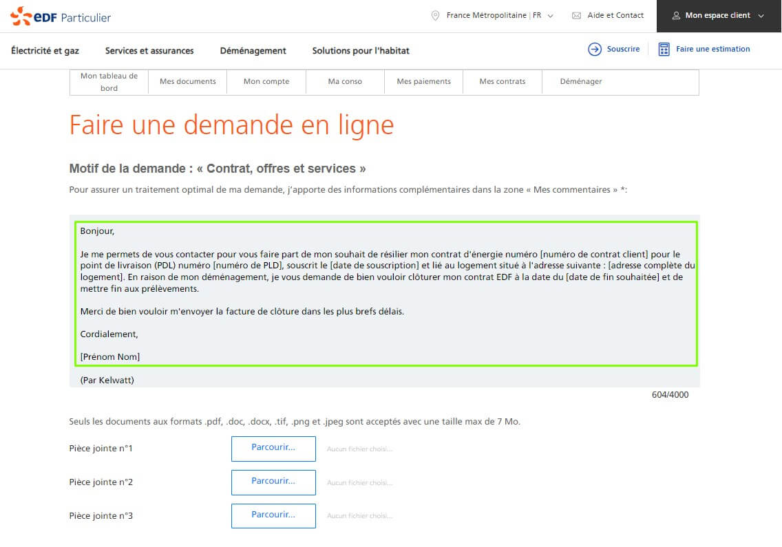 message pour résilier EDF en ligne par email