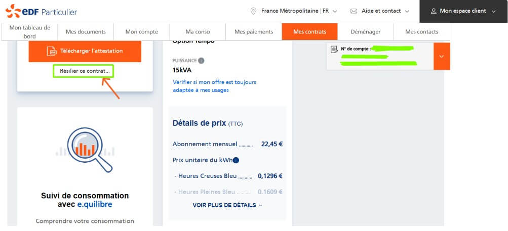 espace client mon compte EDF, rubrique résilier en ligne