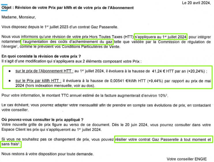 courrier d'Engie informant de l'augmentation du prix du gaz passerelle